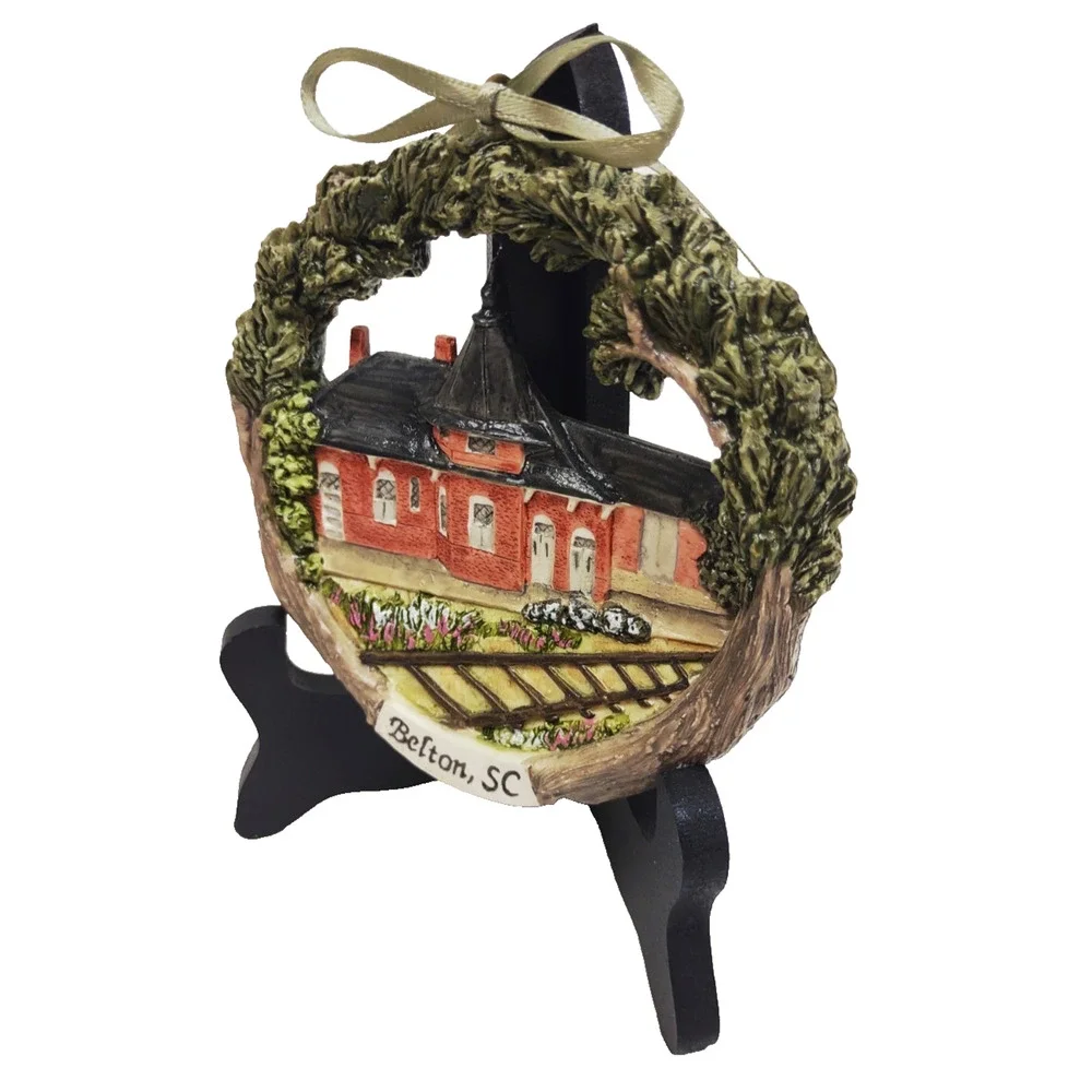 VTG Hestia Handmade Signed Ameriscape Xmas Ornament Belton SC Depot with Stand